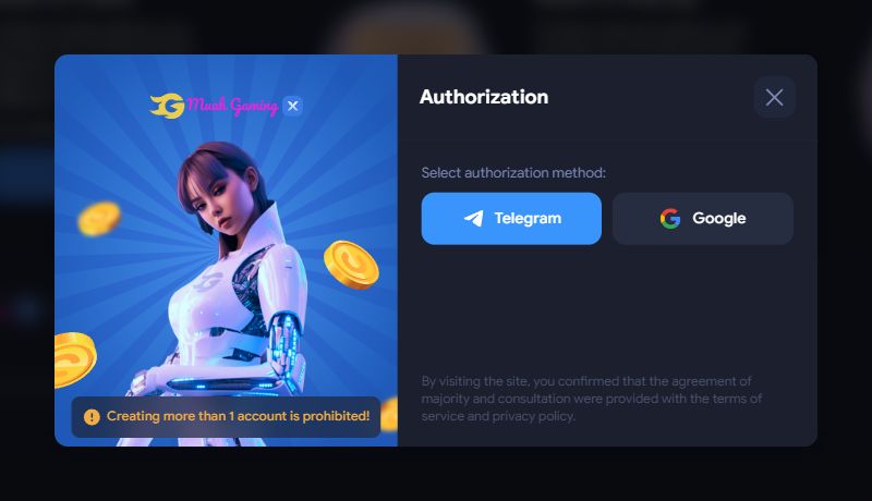 Muah.Life authorization screen with Google and Telegram sign-in options.